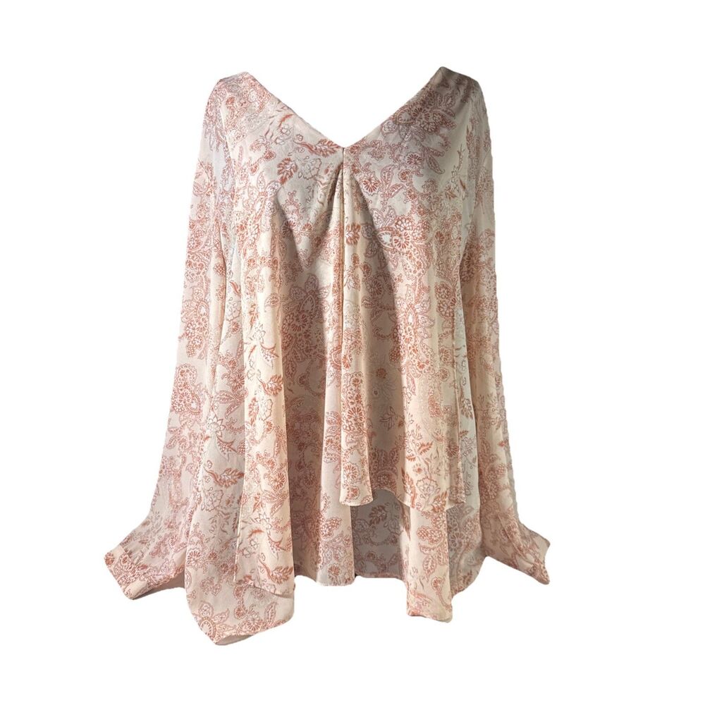 Chico’s Size 4 (20/22 US) Semi Sheer Pink Floral Asymmetrical Long Sleeve Blouse